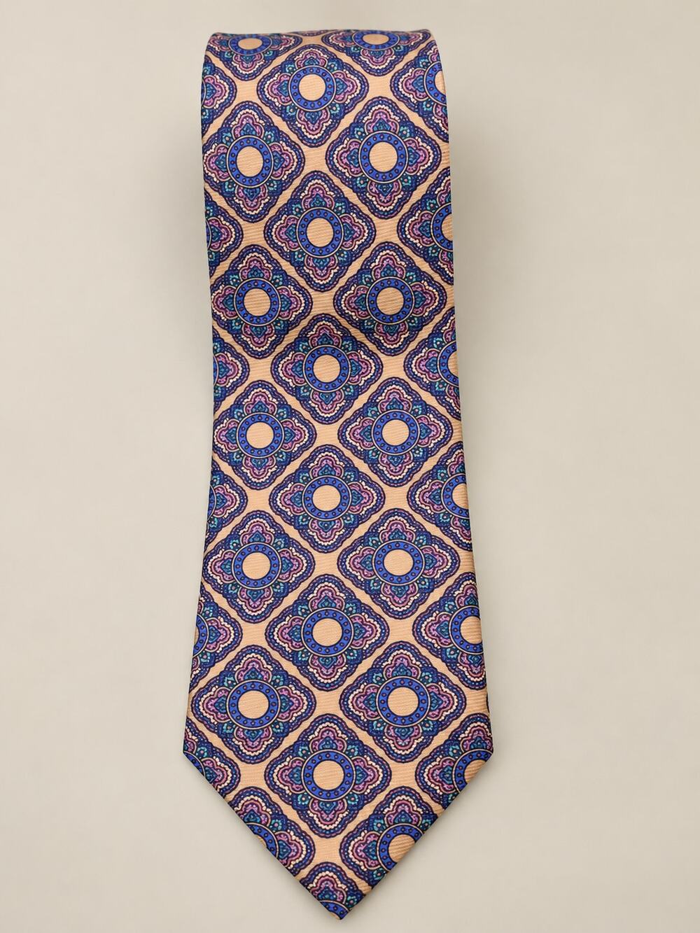 Briar Men’s Tie Italian Fabric Made USA Tan Blue Geometric Medallion Necktie